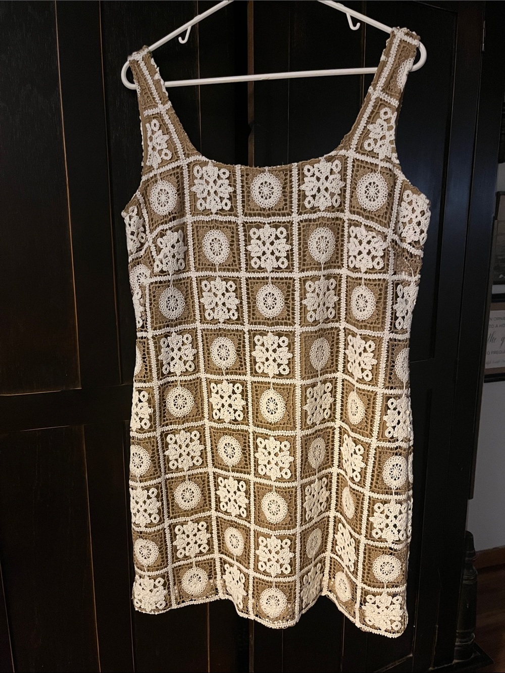 LOFT Crochet Square-Panel Mini Dress in Cream and Tan